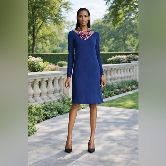 Eileen Fisher Dresses & Skirts - Eileen Fisher Deep Blue Ballet Neck Keyhole Length Long Sleeve Dress Size Medium